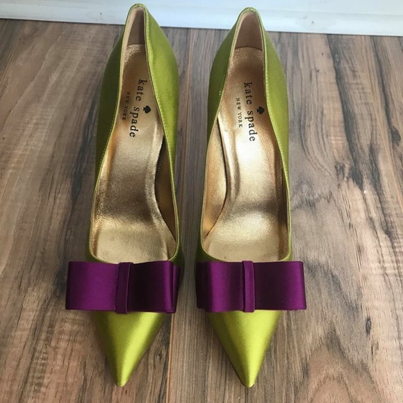 Kate Spade Size 6 Heels Green Purple Satin Bow - Picture 5 of 6